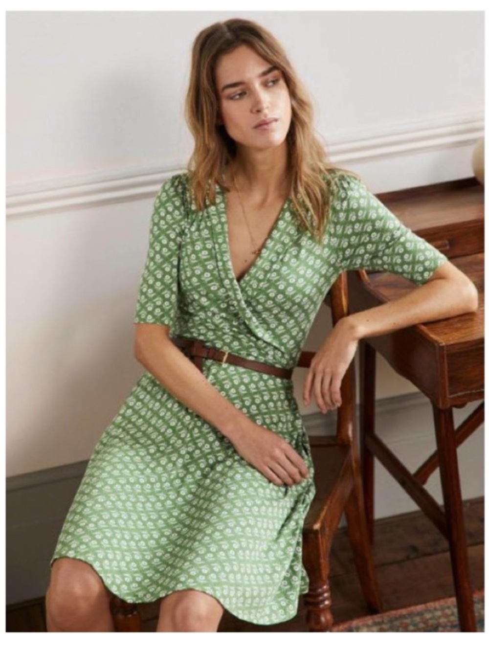 Boden Olive Green Floral Wrap Midi Dress